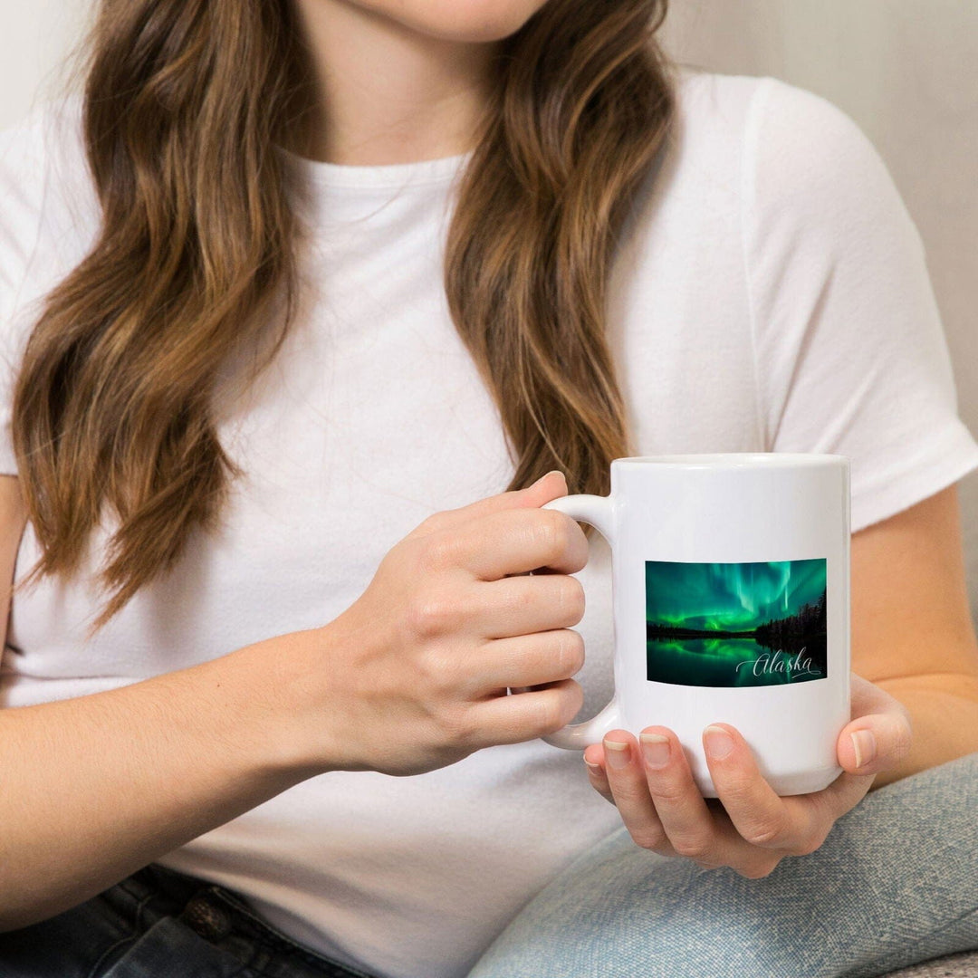 Alaska, Northern Lights Over Lake, Lantern Press Photography, Ceramic Mug Mugs Lantern Press 