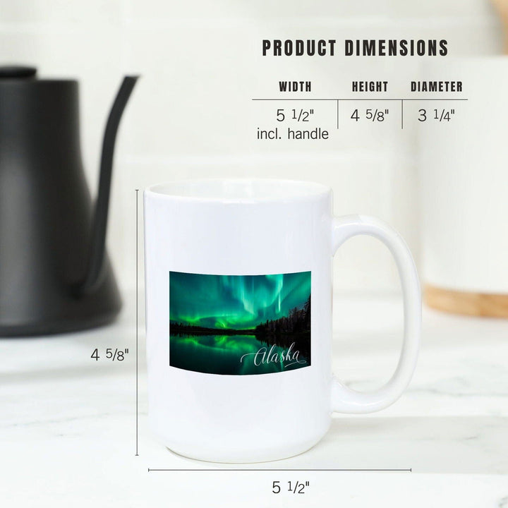 Alaska, Northern Lights Over Lake, Lantern Press Photography, Ceramic Mug Mugs Lantern Press 