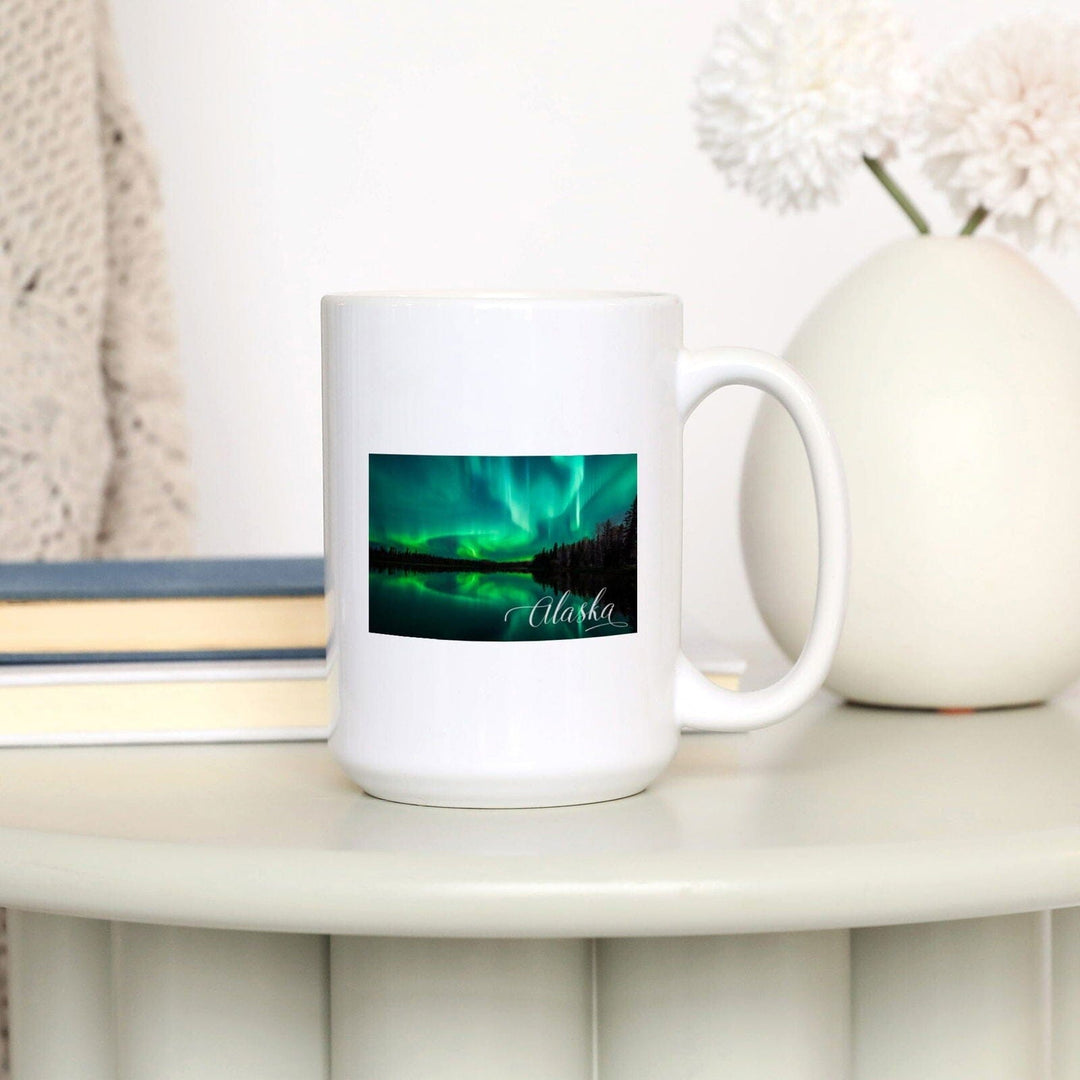 Alaska, Northern Lights Over Lake, Lantern Press Photography, Ceramic Mug Mugs Lantern Press 