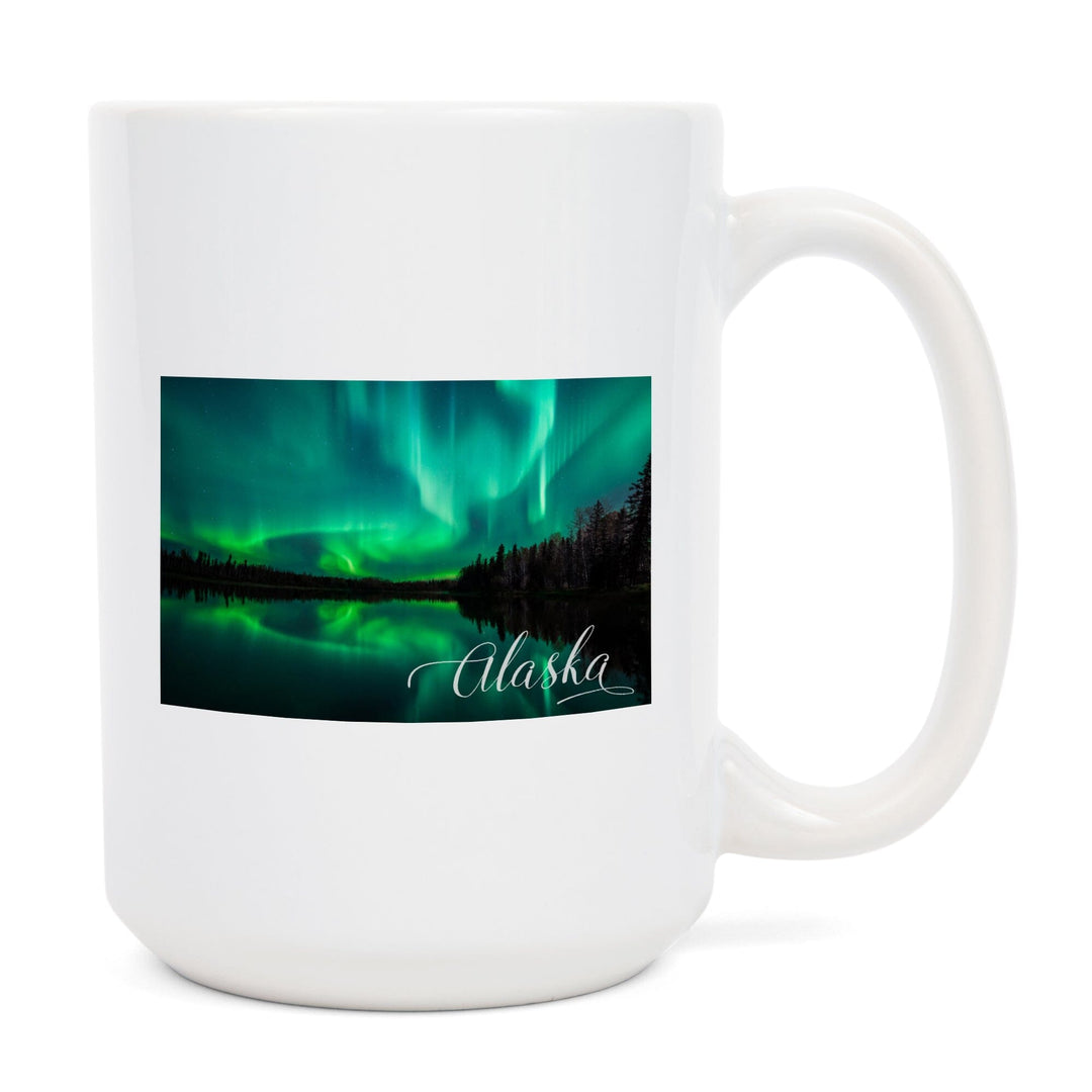 Alaska, Northern Lights Over Lake, Lantern Press Photography, Ceramic Mug Mugs Lantern Press 