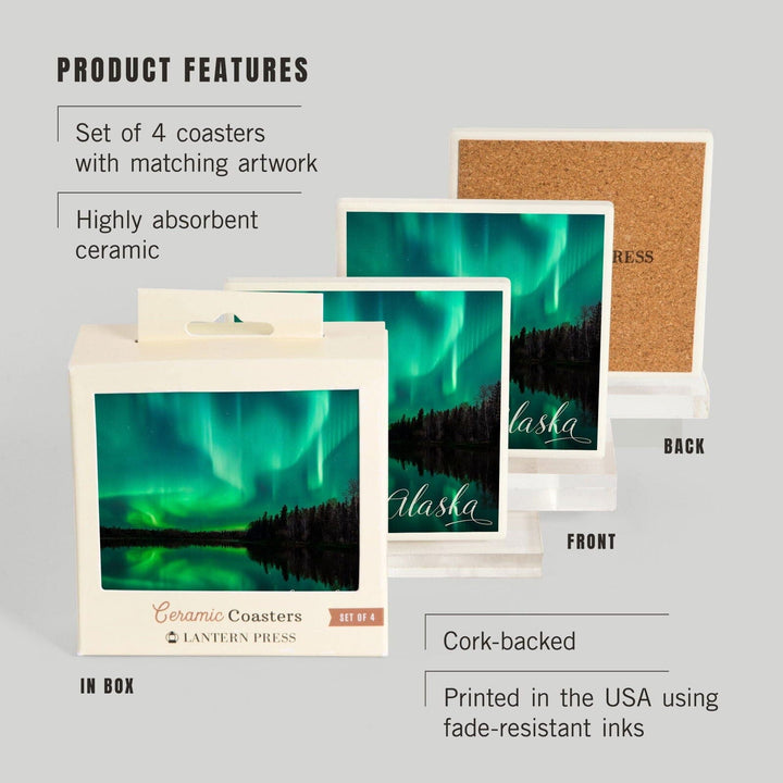 Alaska, Northern Lights Over Lake, Lantern Press Photography, Coaster Set Coasters Lantern Press 