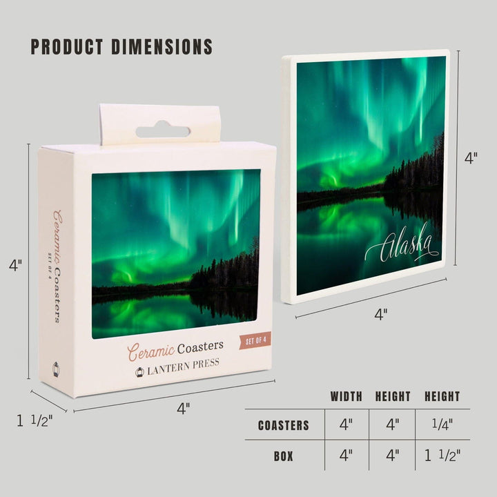 Alaska, Northern Lights Over Lake, Lantern Press Photography, Coaster Set Coasters Lantern Press 