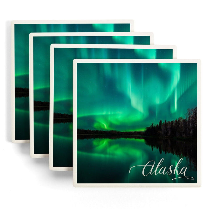 Alaska, Northern Lights Over Lake, Lantern Press Photography, Coaster Set Coasters Lantern Press 