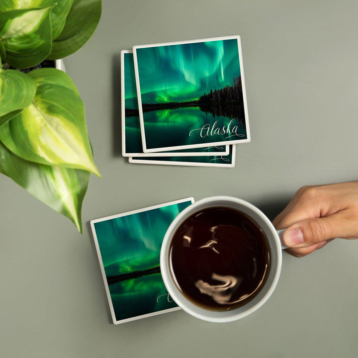 Alaska, Northern Lights Over Lake, Lantern Press Photography, Coaster Set Coasters Lantern Press 