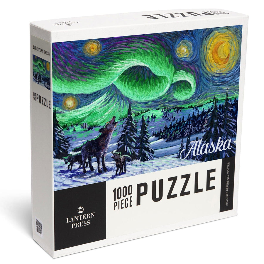 Alaska, Northern Lights with Wolf and Cubs, Starry Night, Jigsaw Puzzle Puzzle Lantern Press 