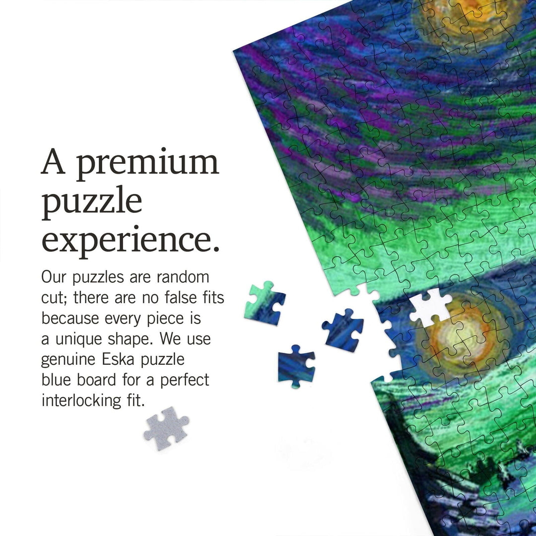 Alaska, Northern Lights with Wolf and Cubs, Starry Night, Jigsaw Puzzle Puzzle Lantern Press 