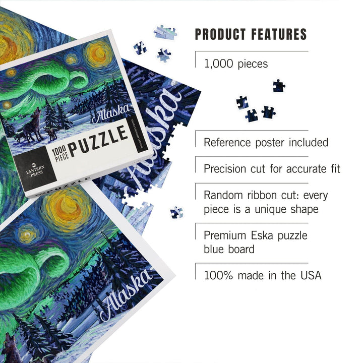 Alaska, Northern Lights with Wolf and Cubs, Starry Night, Jigsaw Puzzle Puzzle Lantern Press 