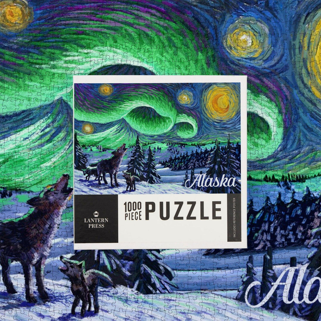 Alaska, Northern Lights with Wolf and Cubs, Starry Night, Jigsaw Puzzle Puzzle Lantern Press 