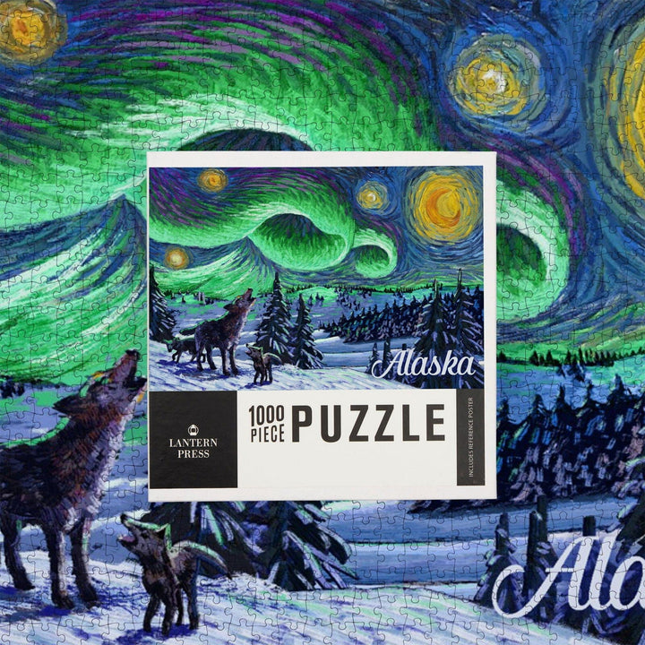 Alaska, Northern Lights with Wolf and Cubs, Starry Night, Jigsaw Puzzle Puzzle Lantern Press 