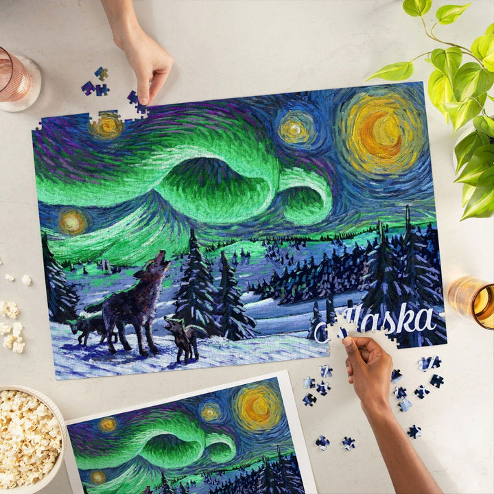 Alaska, Northern Lights with Wolf and Cubs, Starry Night, Jigsaw Puzzle Puzzle Lantern Press 