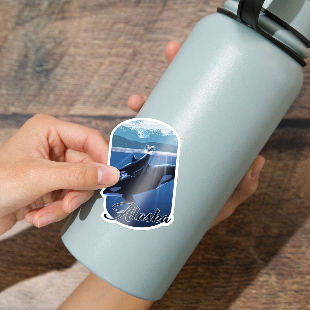 Alaska, Orca and Calf, Contour, Vinyl Sticker Sticker Lantern Press 