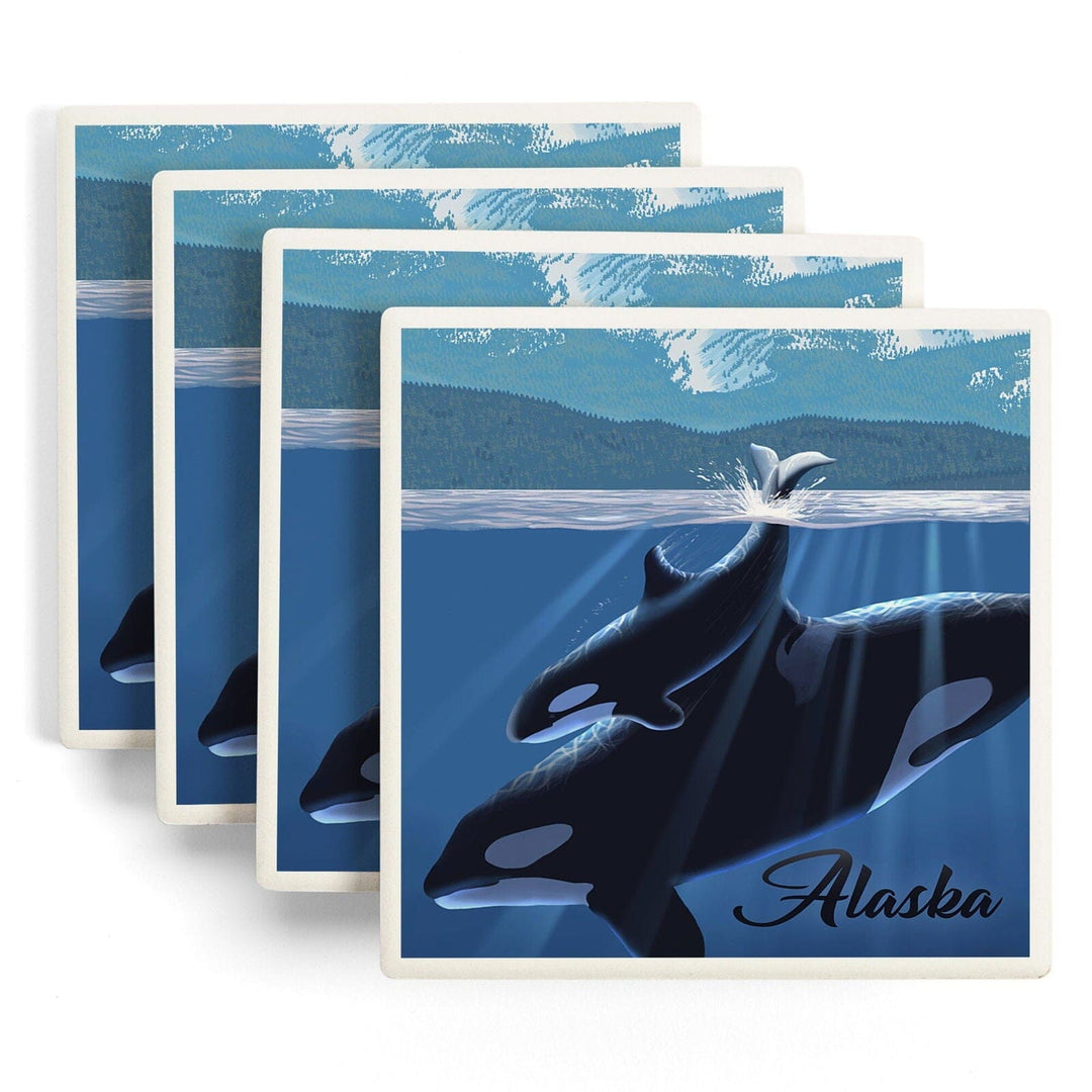 Alaska, Orca & Calf, Lantern Press Artwork, Coaster Set Coasters Lantern Press 