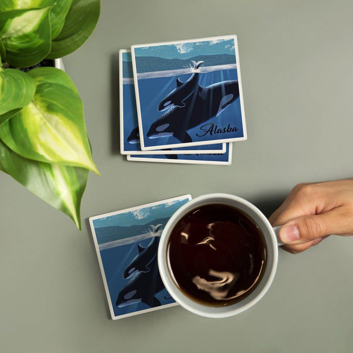 Alaska, Orca & Calf, Lantern Press Artwork, Coaster Set Coasters Lantern Press 