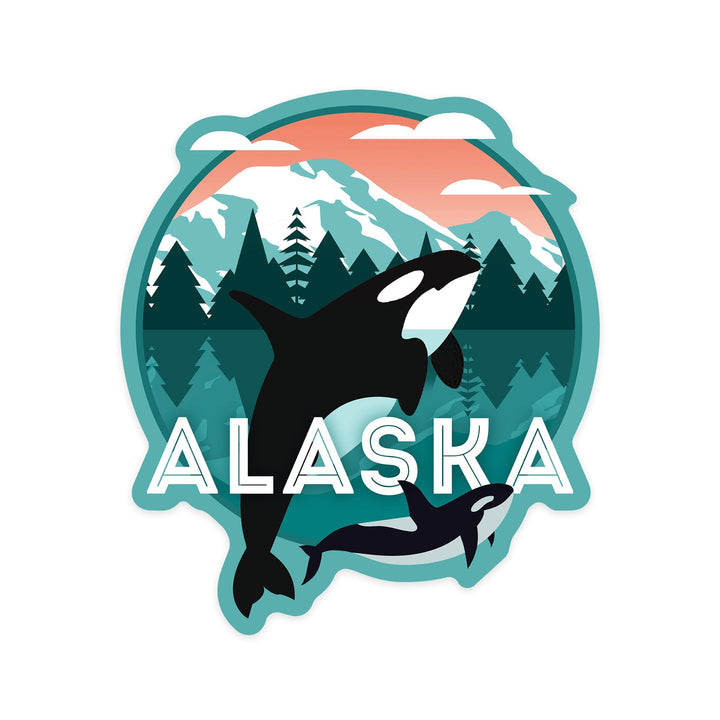 Alaska, Orca Whale and Calf, Vector, Contour, Lantern Press Artwork, Vinyl Sticker Sticker Lantern Press 