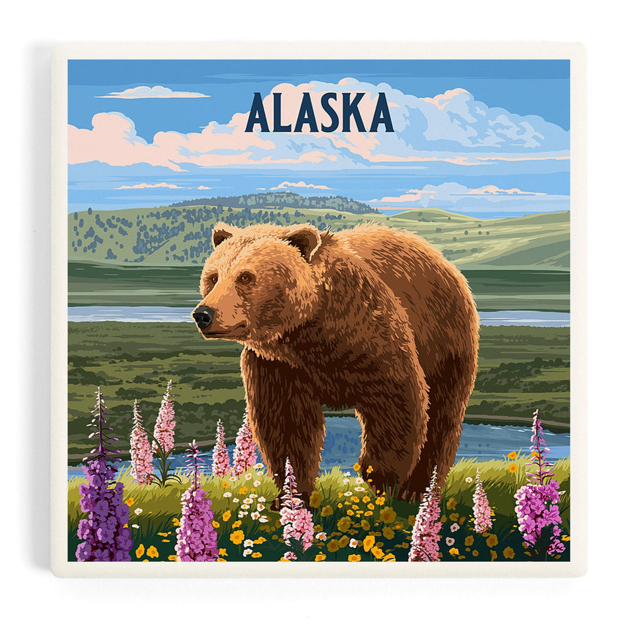 Alaska, Painterly, Grizzly Bear in Meadow, Coasters Coasters Lantern Press 