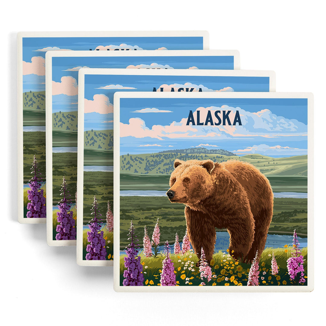 Alaska, Painterly, Grizzly Bear in Meadow, Coasters Coasters Lantern Press 
