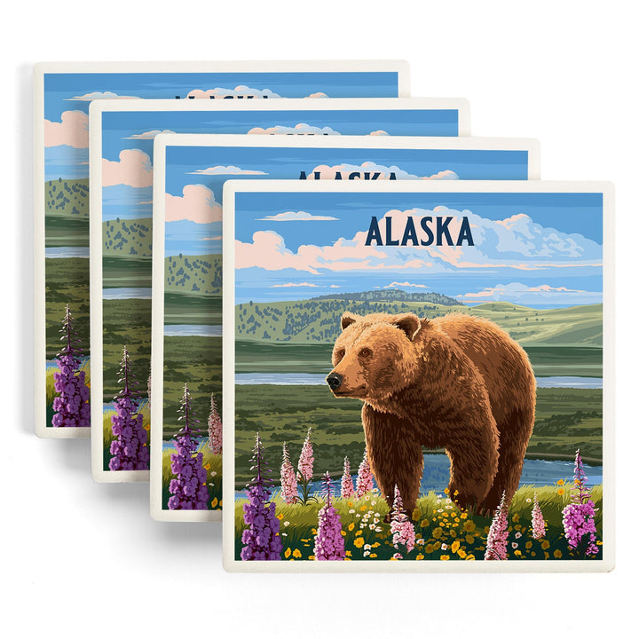 Alaska, Painterly, Grizzly Bear in Meadow, Coasters Coasters Lantern Press 