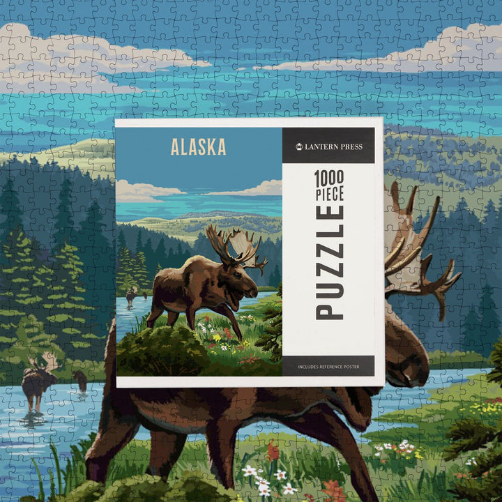 Alaska, Painterly, Moose and Wildflowers, Jigsaw Puzzle Puzzle Lantern Press 