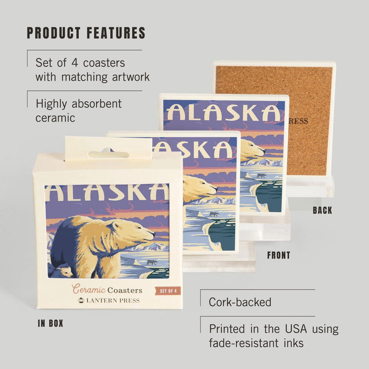 Alaska, Polar Bear at Sunrise, Lantern Press Artwork, Coaster Set Coasters Lantern Press 