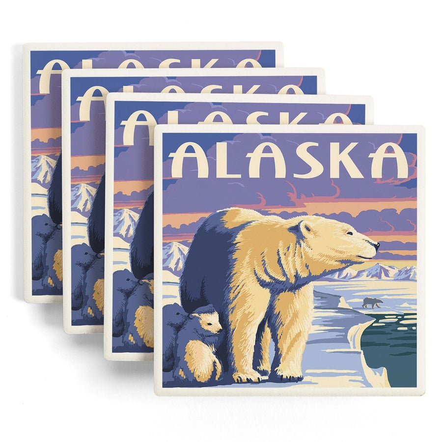 Alaska, Polar Bear at Sunrise, Lantern Press Artwork, Coaster Set Coasters Lantern Press 