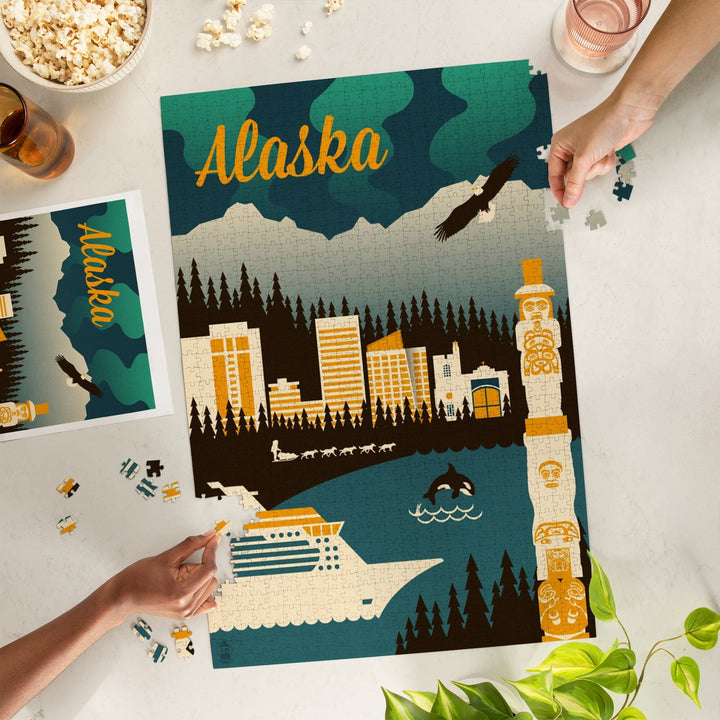 Alaska, Retro Skyline, Jigsaw Puzzle Puzzle Lantern Press 