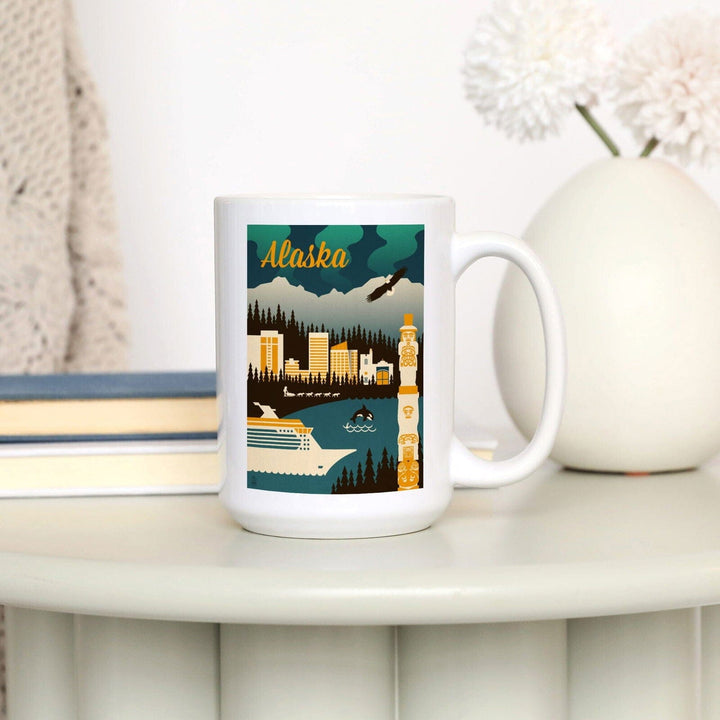 Alaska, Retro Skyline, Lantern Press Artwork, Ceramic Mug Mugs Lantern Press 