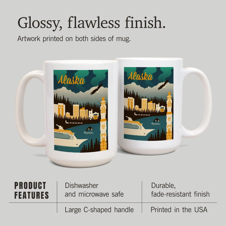 Alaska, Retro Skyline, Lantern Press Artwork, Ceramic Mug Mugs Lantern Press 