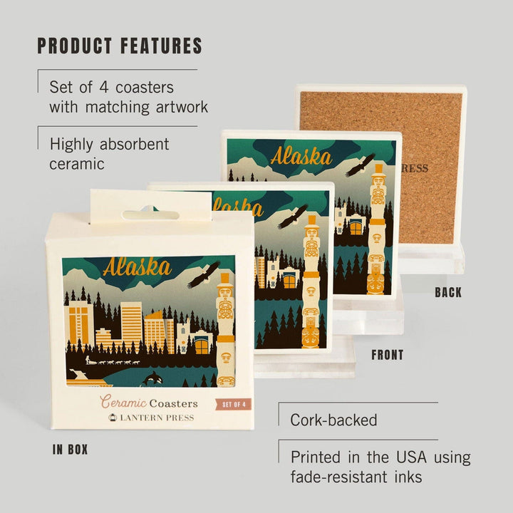 Alaska, Retro Skyline, Lantern Press Artwork, Coaster Set Coasters Lantern Press 