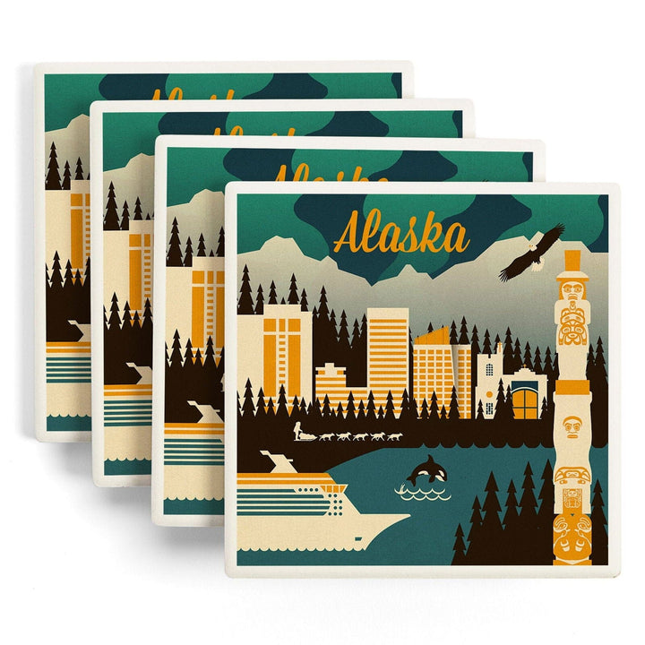 Alaska, Retro Skyline, Lantern Press Artwork, Coaster Set Coasters Lantern Press 