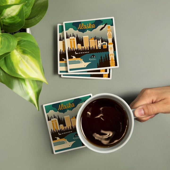 Alaska, Retro Skyline, Lantern Press Artwork, Coaster Set Coasters Lantern Press 