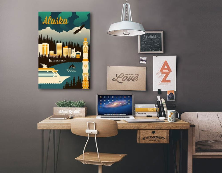 Alaska, Retro Skyline, Lantern Press Artwork, Stretched Canvas Canvas Lantern Press 