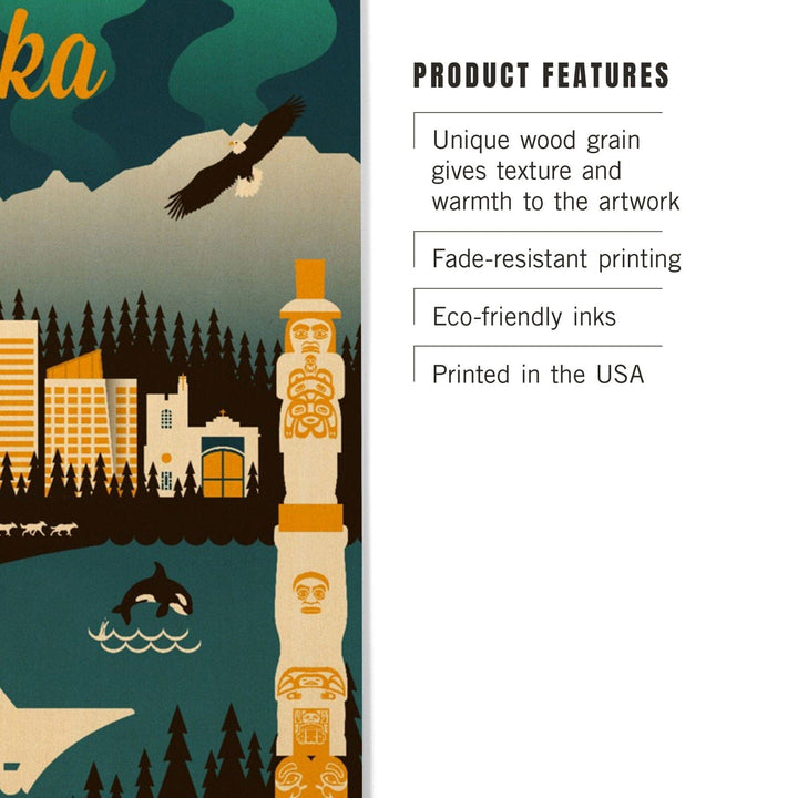 Alaska, Retro Skyline, Lantern Press Artwork, Wood Signs and Postcards Wood Lantern Press 