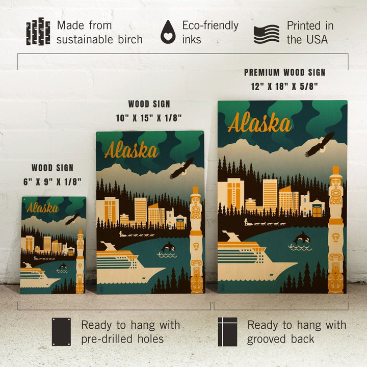 Alaska, Retro Skyline, Lantern Press Artwork, Wood Signs and Postcards Wood Lantern Press 