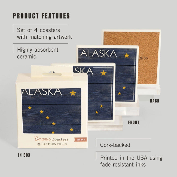 Alaska, Rustic State Flag, Lantern Press Artwork, Coaster Set Coasters Lantern Press 