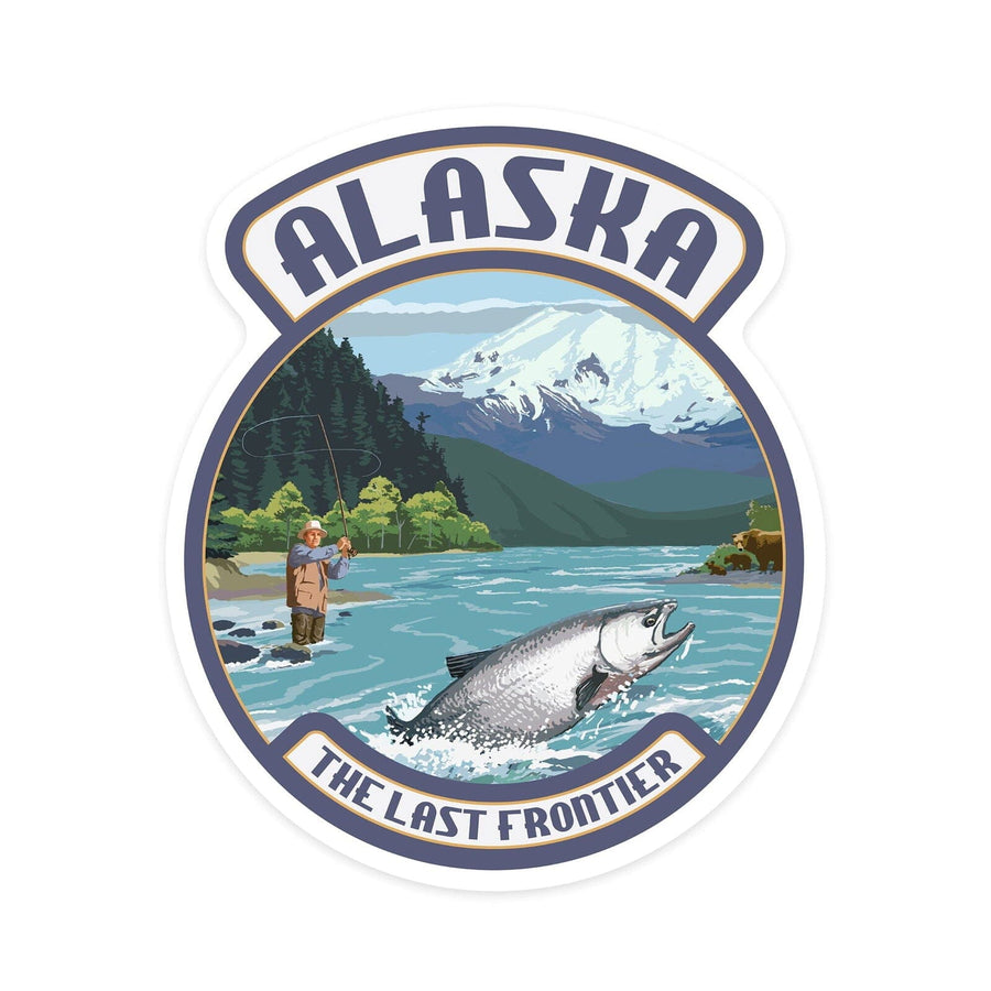 Alaska, Salmon Fisherman Angler, Contour, Vinyl Sticker Sticker Lantern Press 