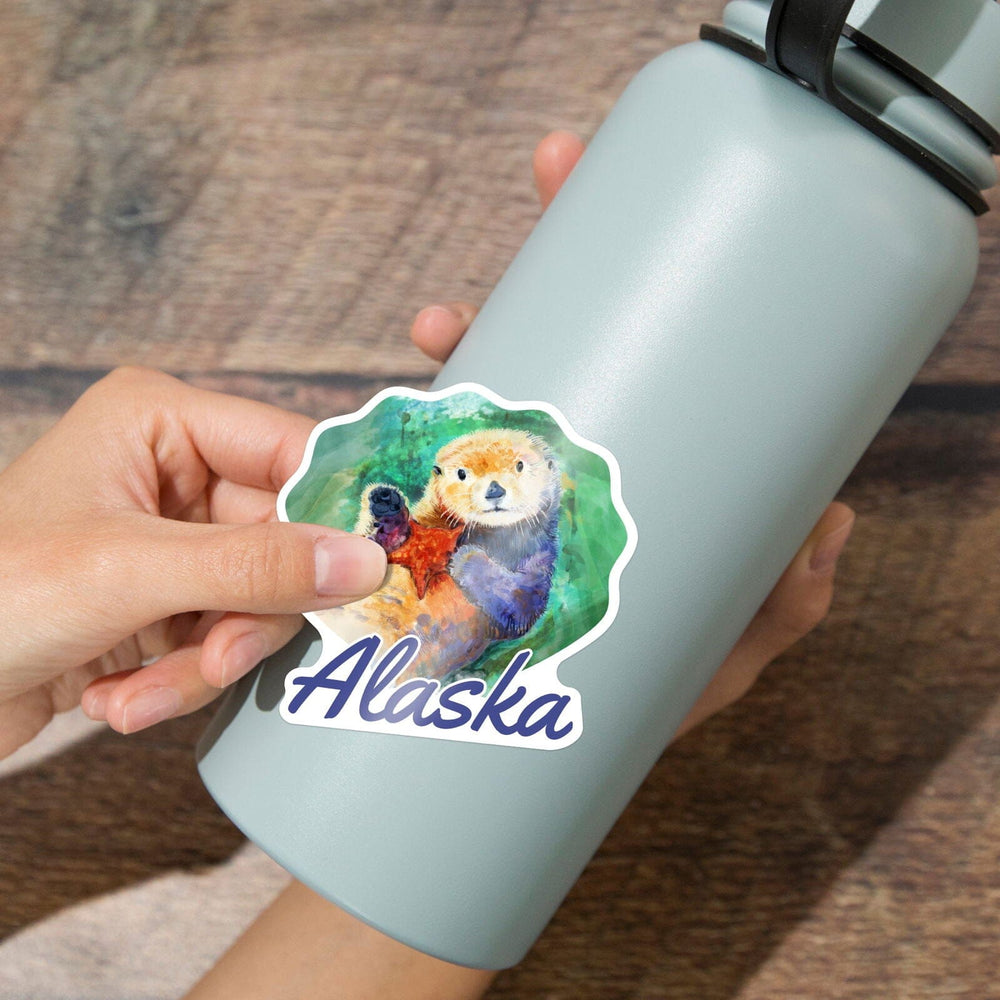 Alaska, Sea Otter, Watercolor, Contour, Vinyl Sticker Sticker Lantern Press 