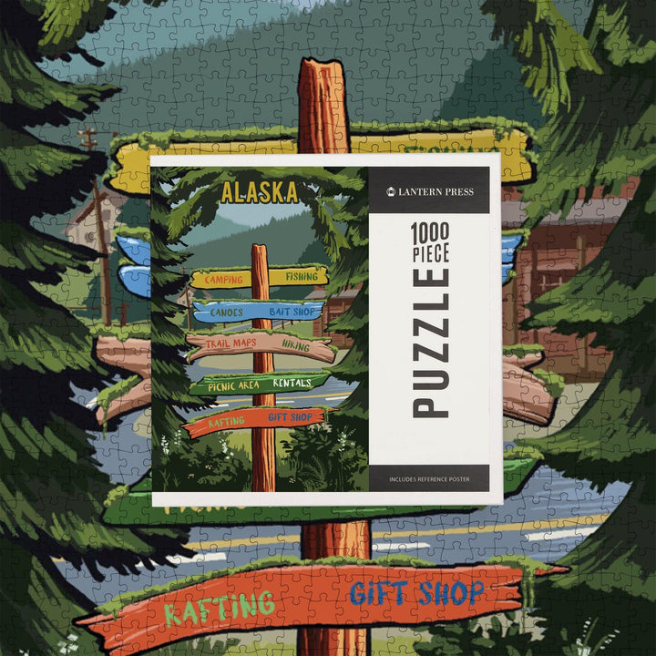 Alaska, Signpost, Forest and Camp, Jigsaw Puzzle Puzzle Lantern Press 