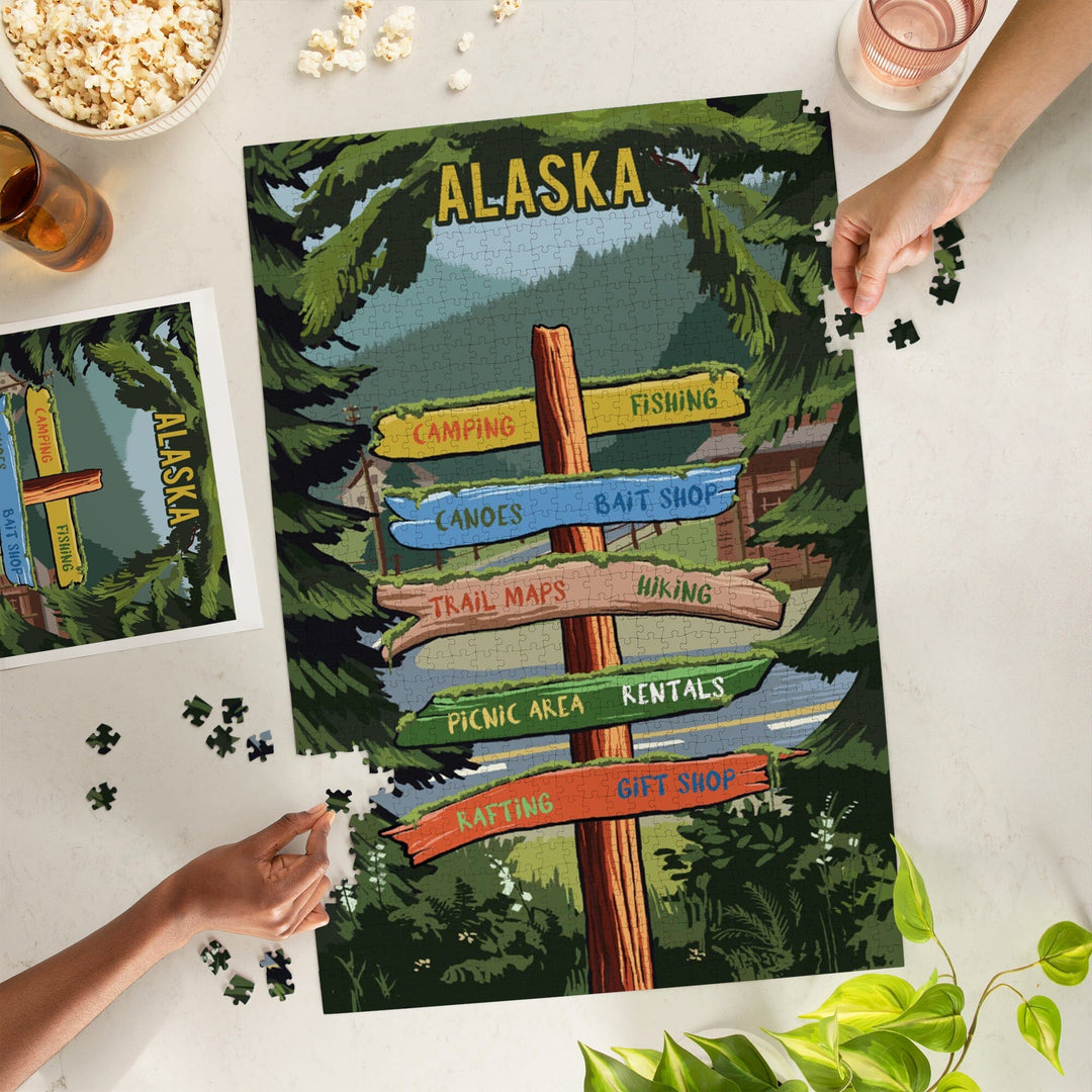 Alaska, Signpost, Forest and Camp, Jigsaw Puzzle Puzzle Lantern Press 