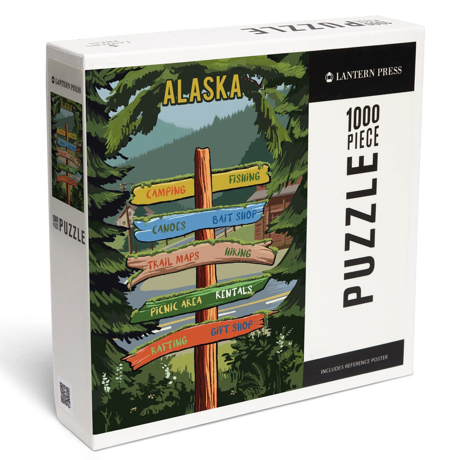 Alaska, Signpost, Forest and Camp, Jigsaw Puzzle Puzzle Lantern Press 