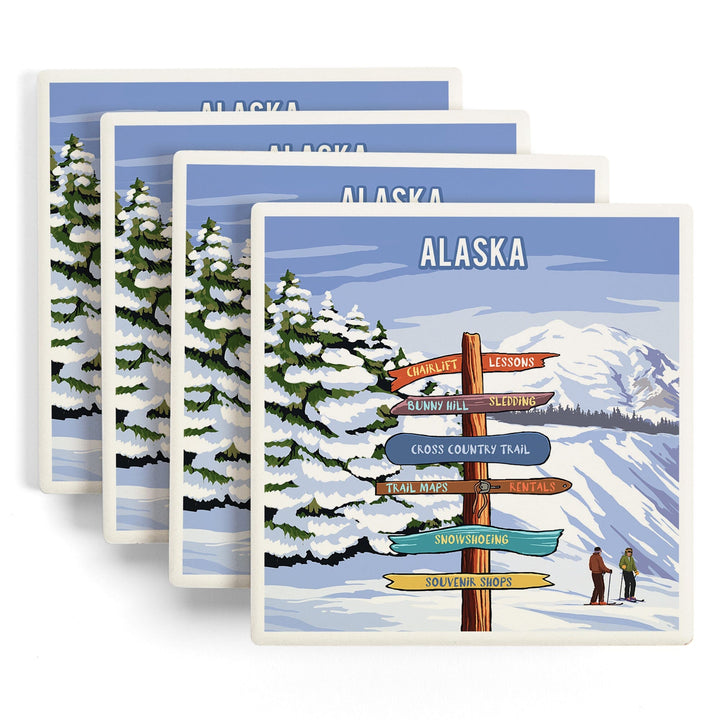 Alaska, Signpost, Ski and Snow, Coasters Coasters Lantern Press 