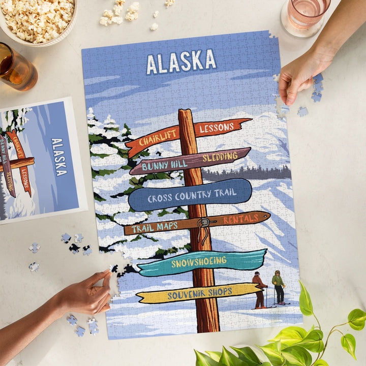 Alaska, Signpost, Ski and Snow, Jigsaw Puzzle Puzzle Lantern Press 