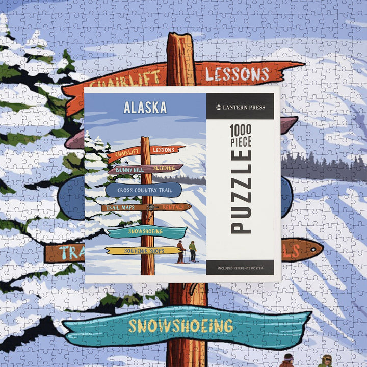 Alaska, Signpost, Ski and Snow, Jigsaw Puzzle Puzzle Lantern Press 