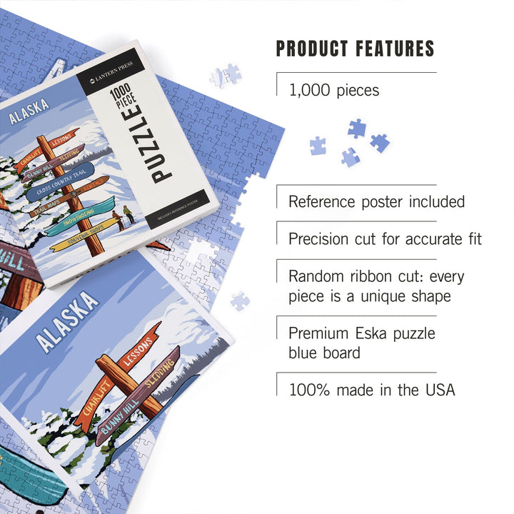 Alaska, Signpost, Ski and Snow, Jigsaw Puzzle Puzzle Lantern Press 
