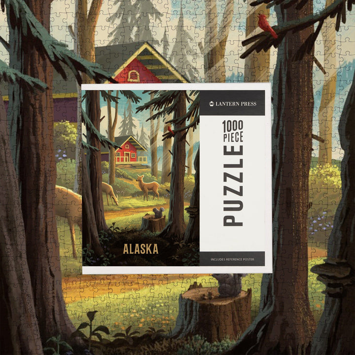 Alaska, Slip Away, Cabin With Wildlife, Jigsaw Puzzle Puzzle Lantern Press 