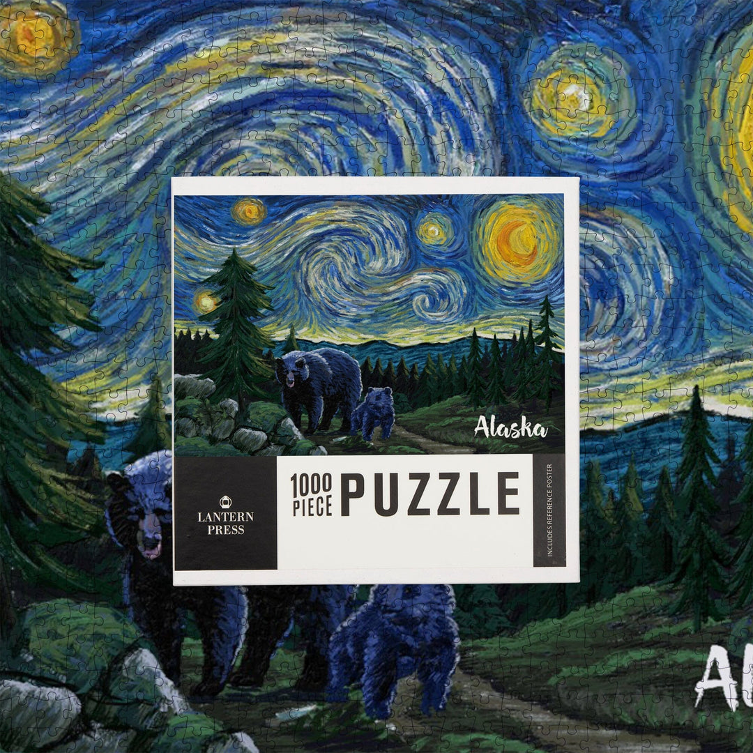 Alaska, Starry Night, Bear and Cub, Jigsaw Puzzle Puzzle Lantern Press 