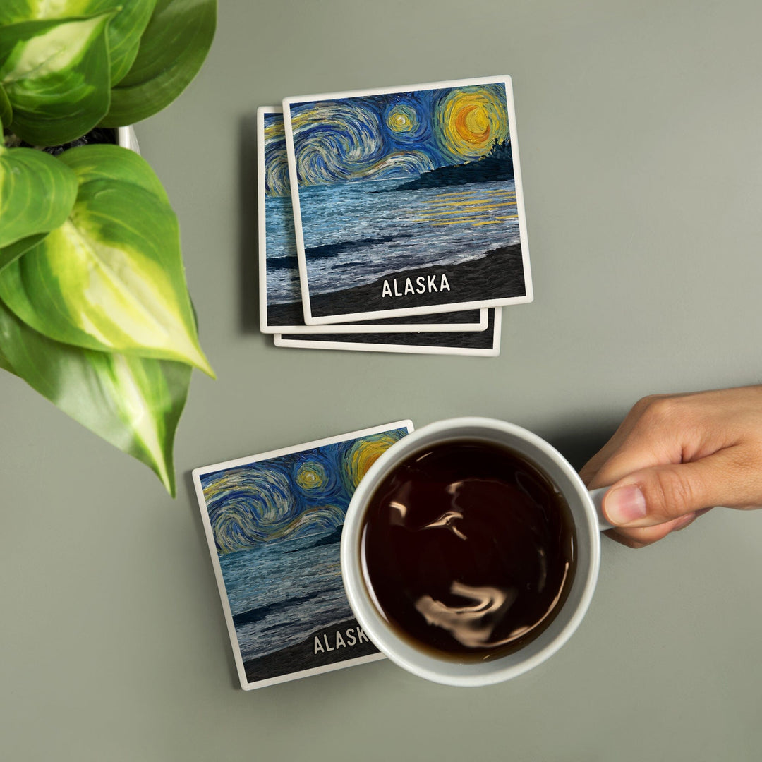 Alaska, Starry Night, Coastline, Coasters Coasters Lantern Press 