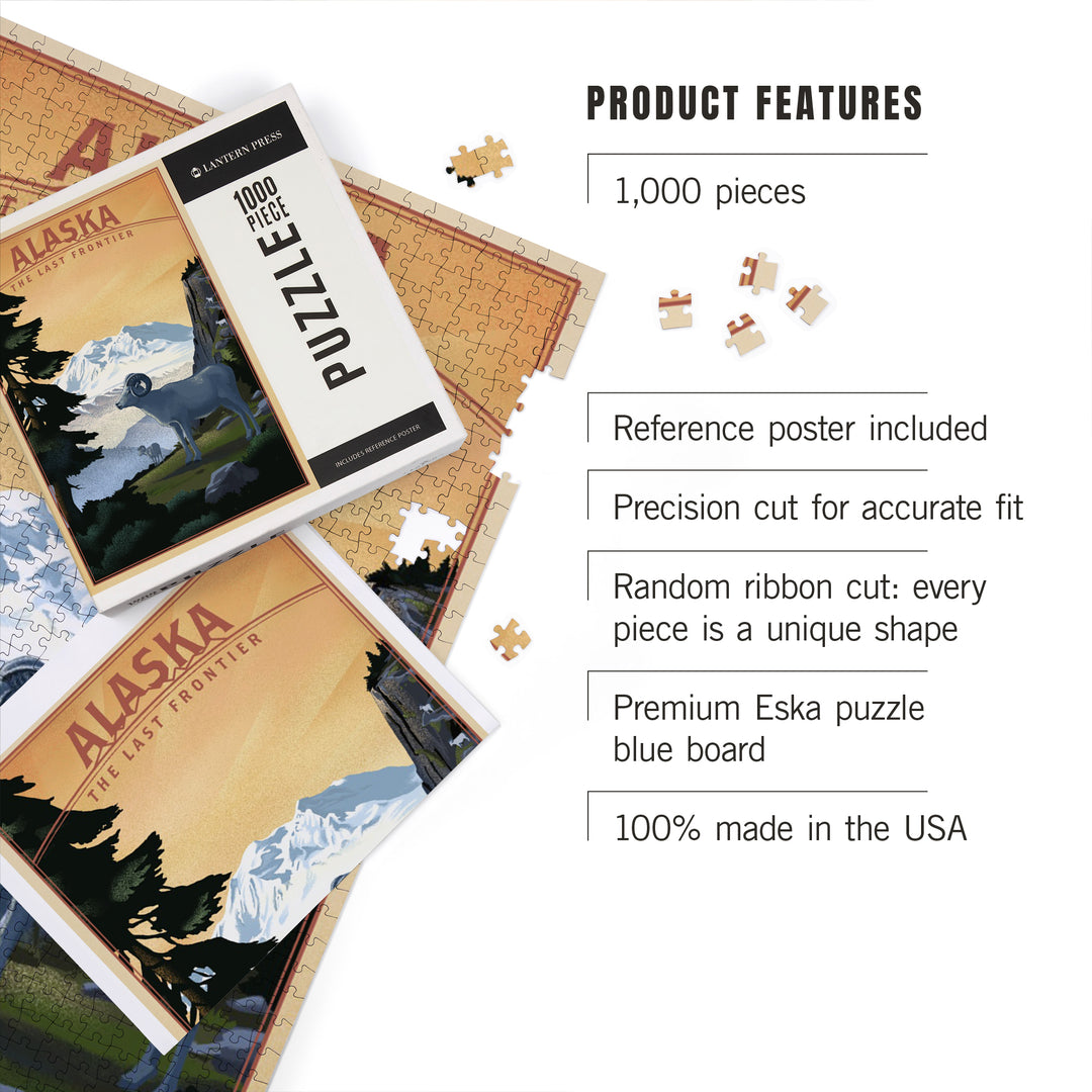 Alaska, The Last Frontier, Dall Sheep and Mountain, Lithograph, Jigsaw Puzzle Puzzle Lantern Press 