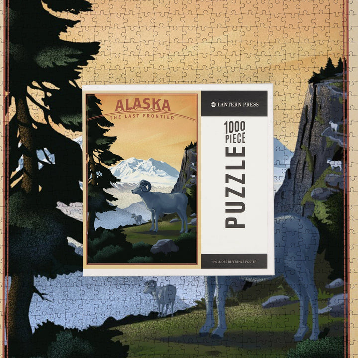 Alaska, The Last Frontier, Dall Sheep and Mountain, Lithograph, Jigsaw Puzzle Puzzle Lantern Press 