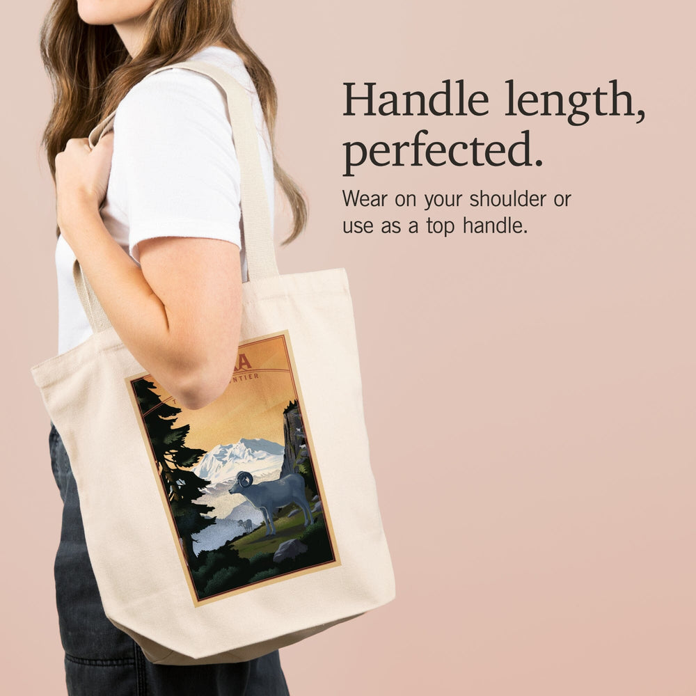 Alaska, The Last Frontier, Dall Sheep and Mountain, Lithograph, Tote Bag Totes Lantern Press 