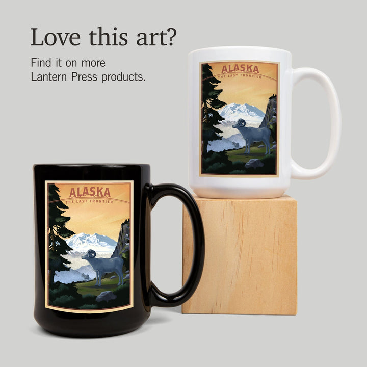 Alaska, The Last Frontier, Dall Sheep & Mountain, Lithograph, Lantern Press Artwork, Ceramic Mug Mugs Lantern Press 